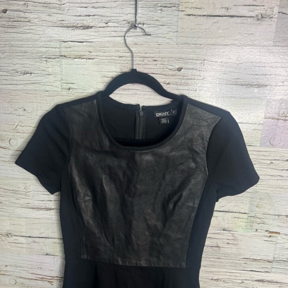 DKNY black dress tee shirt faux leather size 2 - Picture 3 of 9